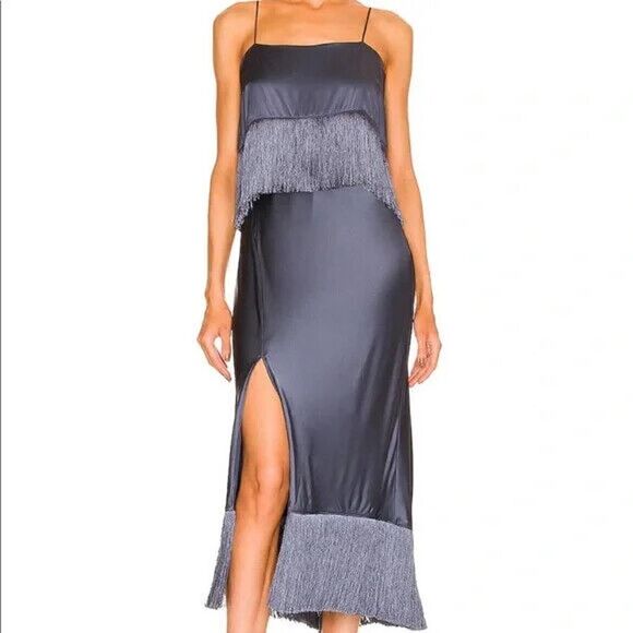 NWT Cinq a Sept Eastwood Fringe Silk Sleeveless Midi Dress in Shadow Size 4 $595 - Picture 1 of 11